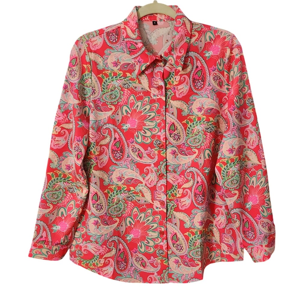 Classic Hot Pink Paisley Floral Women's Long Sleeve Button Down Shirt, Small